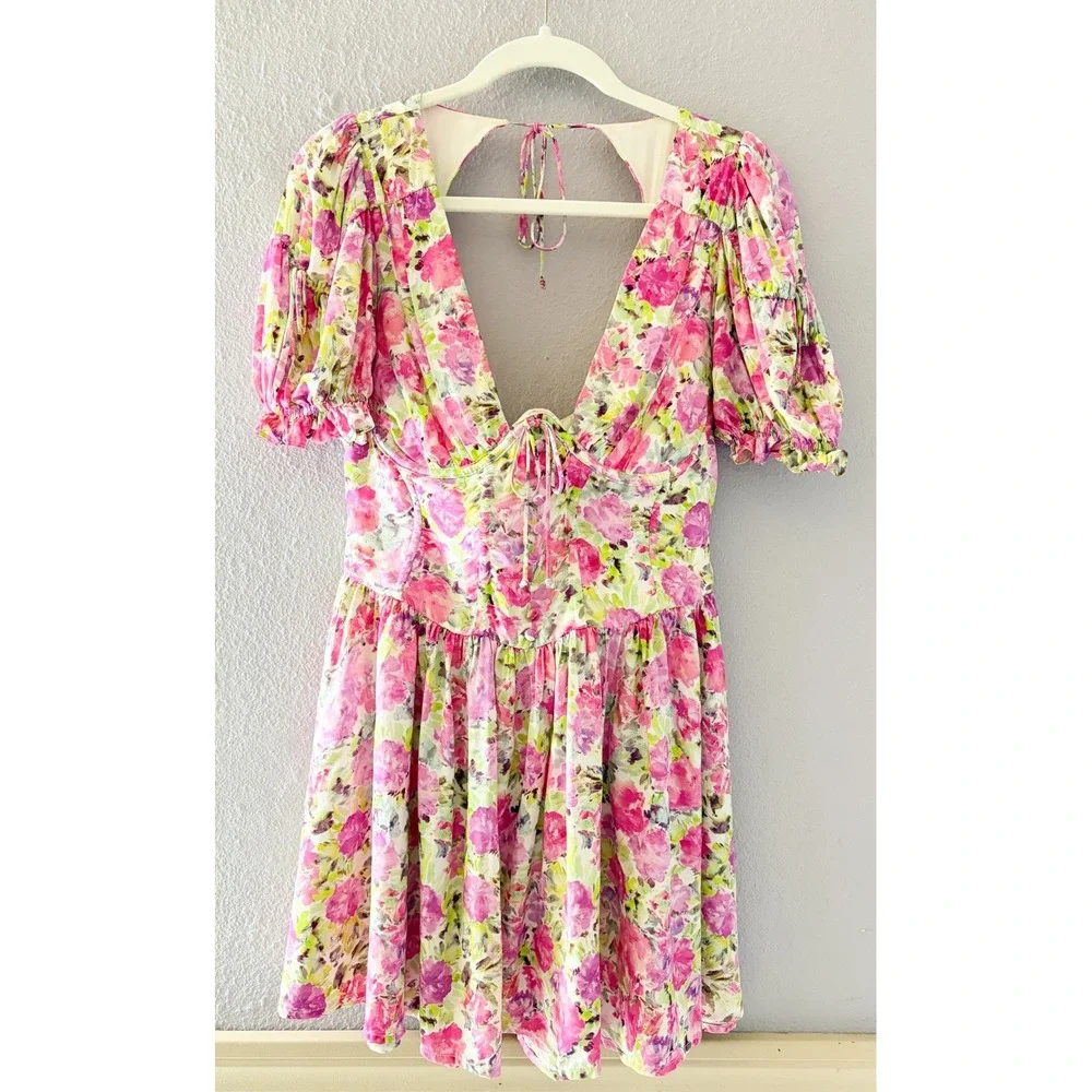 For Love & Lemons Paulina Puffy Sleeve Mini Dress Pink Floral Coquette Fairycore